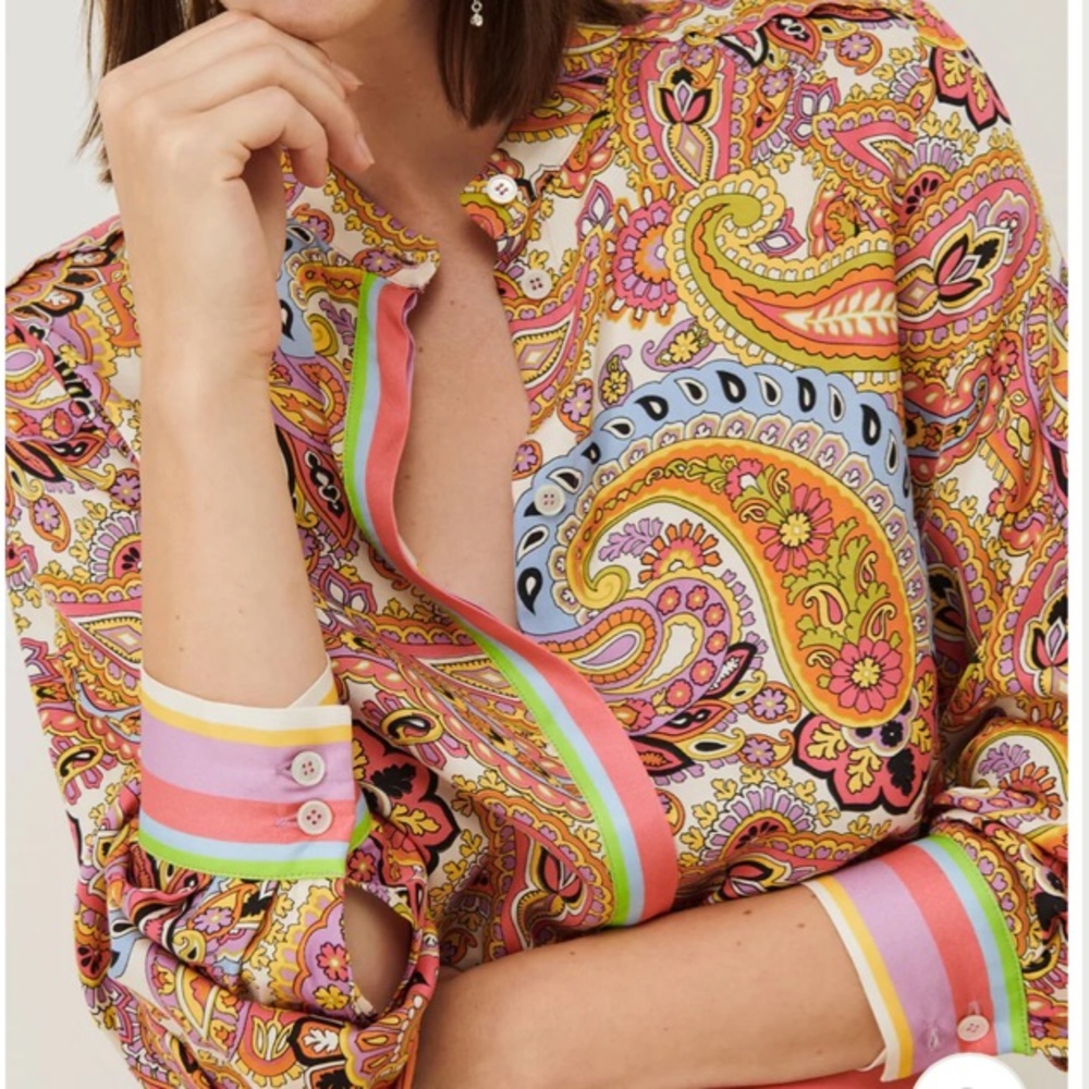Rachel Zoe Paisley Button-Front Silky Blouse in Pink Multi - Picture 2 of 10